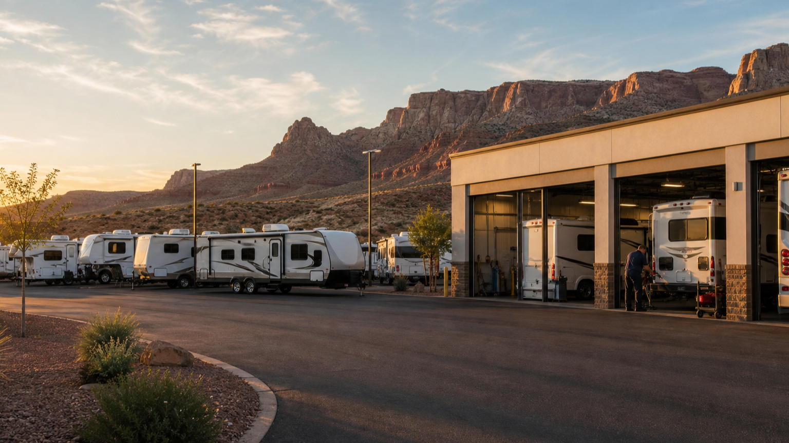 Original editorial illustration of an RV dealership and service center against Southern Utah red-rock cliffs at sunrise.