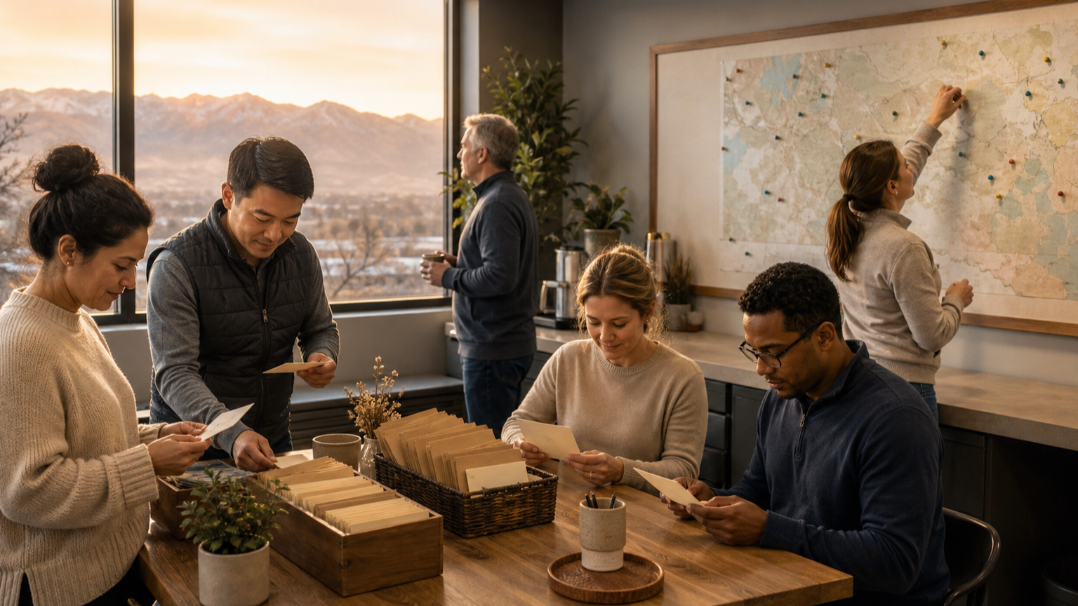 An original editorial illustration of employees selecting kindness cards and envelopes around a workplace table with the Wasatch Mountains visible at dawn