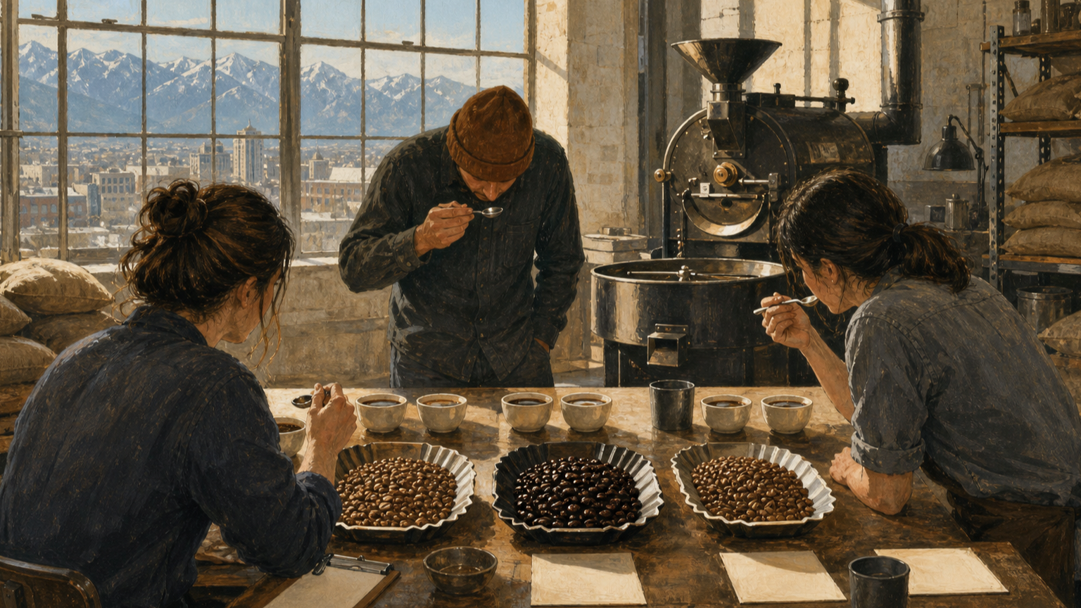 Three Utah coffee operators compare roast profiles at a tasting table inside a small-batch roasting workspace.