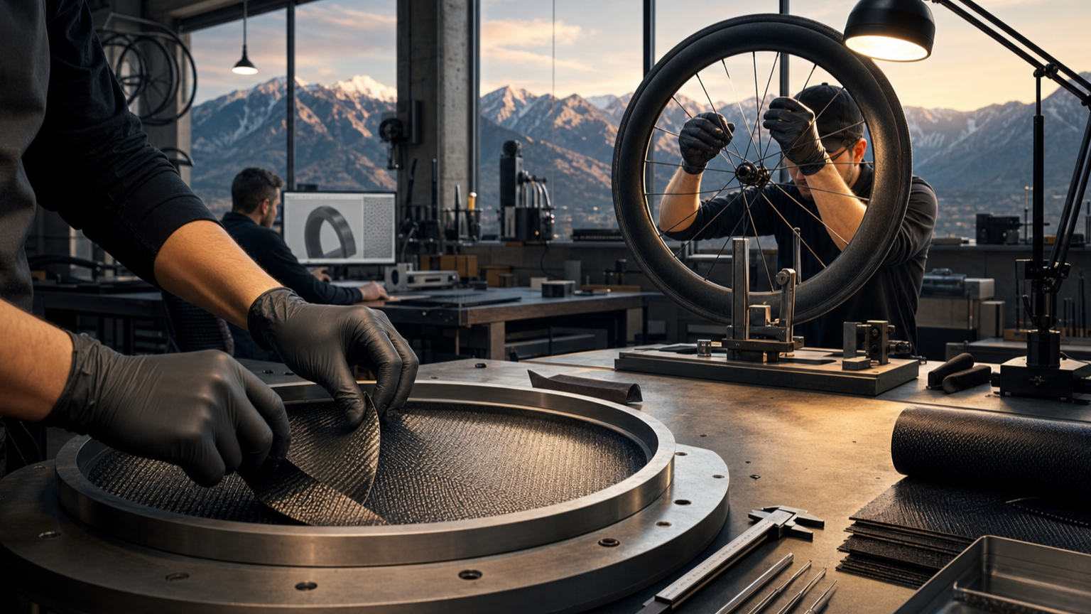 A craftsperson lays carbon fiber into a bicycle-wheel mold in a clean Utah workshop while an unbranded wheel is inspected nearby.