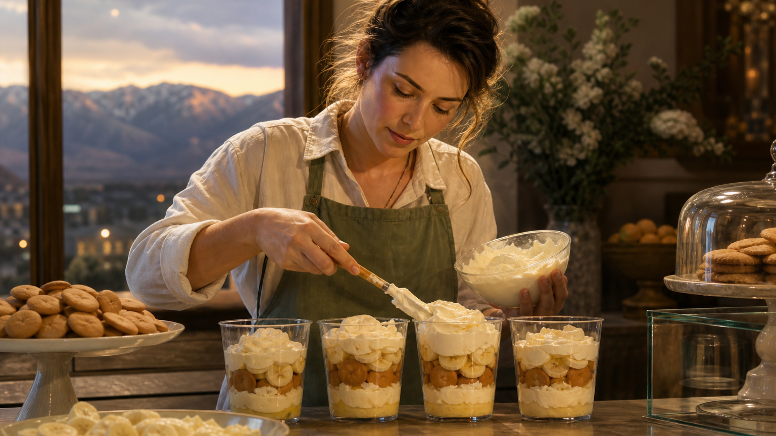 An original editorial illustration of a Utah pastry chef layering banana pudding parfaits at a neighborhood dessert counter.