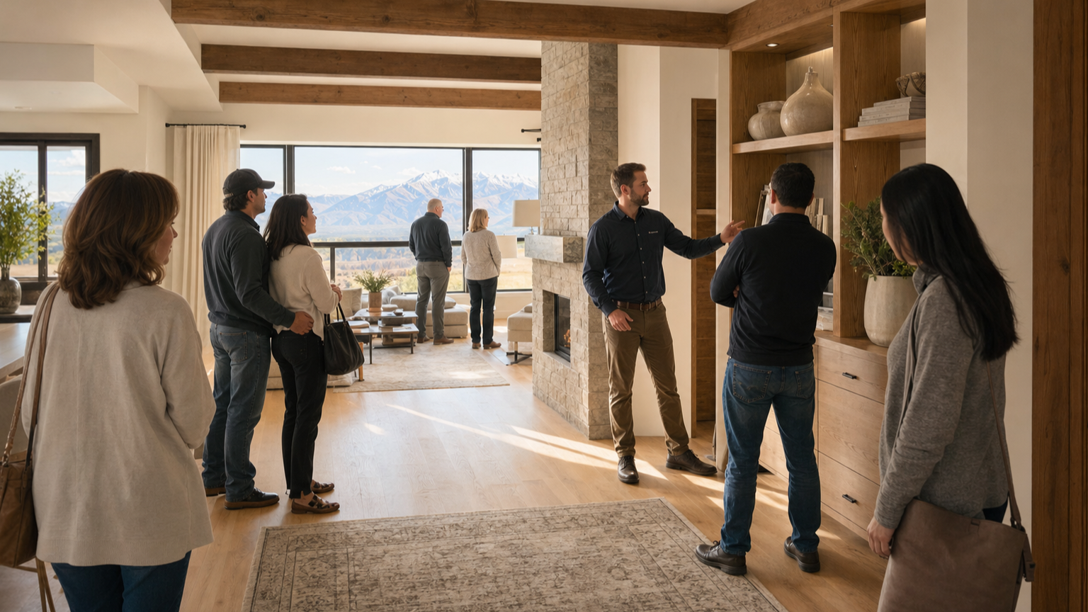 Visitors examining the craftsmanship inside a contemporary Utah home while a local builder answers a question.
