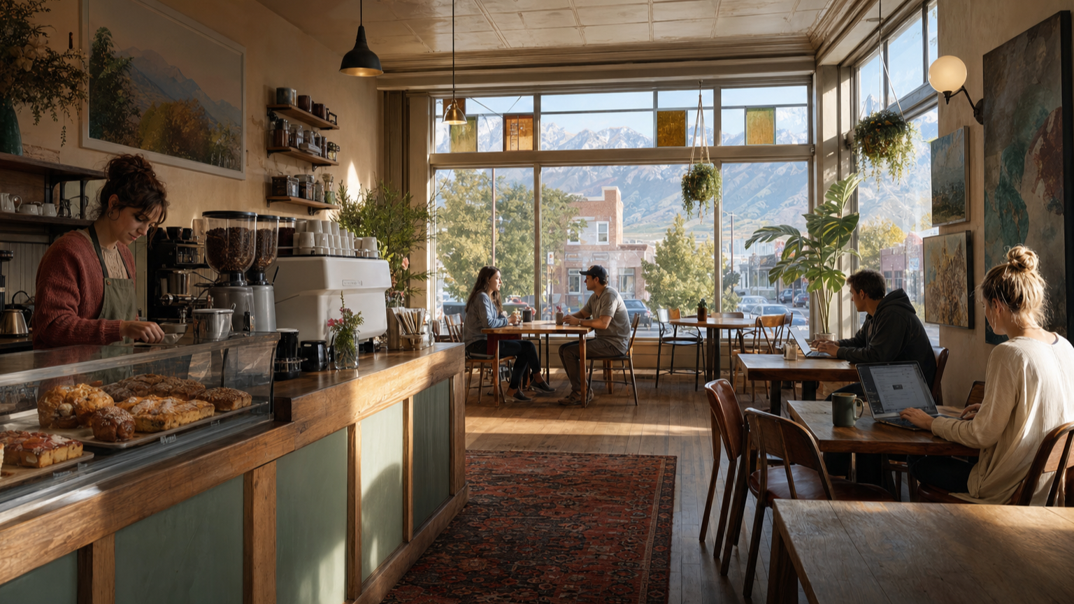 An original editorial illustration of a warm neighborhood coffee shop on a Utah Main Street during an early summer morning.