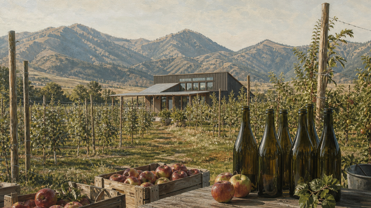 An original editorial illustration of a high-elevation Utah apple orchard, a small cidery and unlabeled cider bottles against the Wasatch foothills.