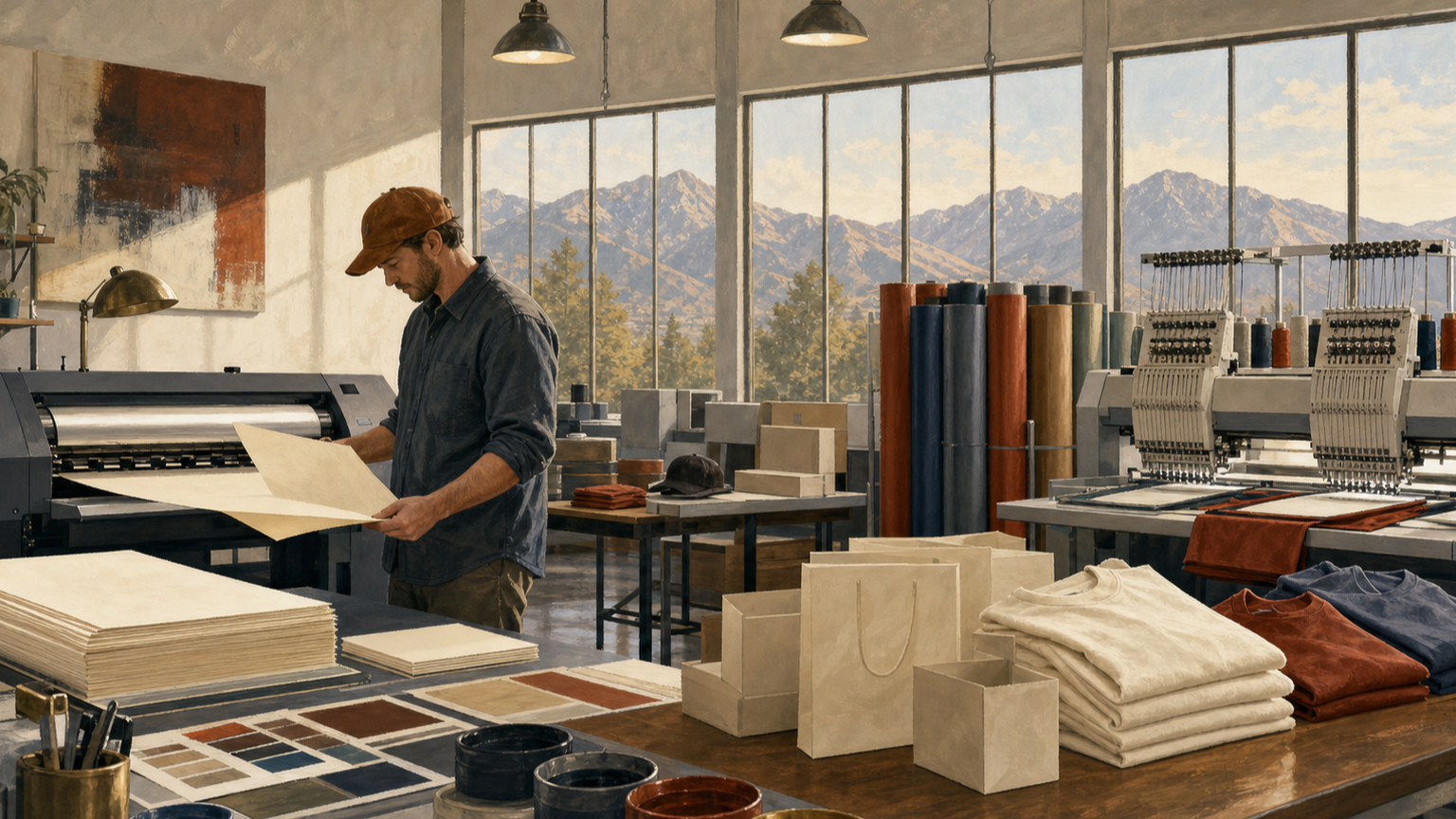 An original editorial illustration of an operator inspecting blank paper inside a modern Utah print and apparel workshop.