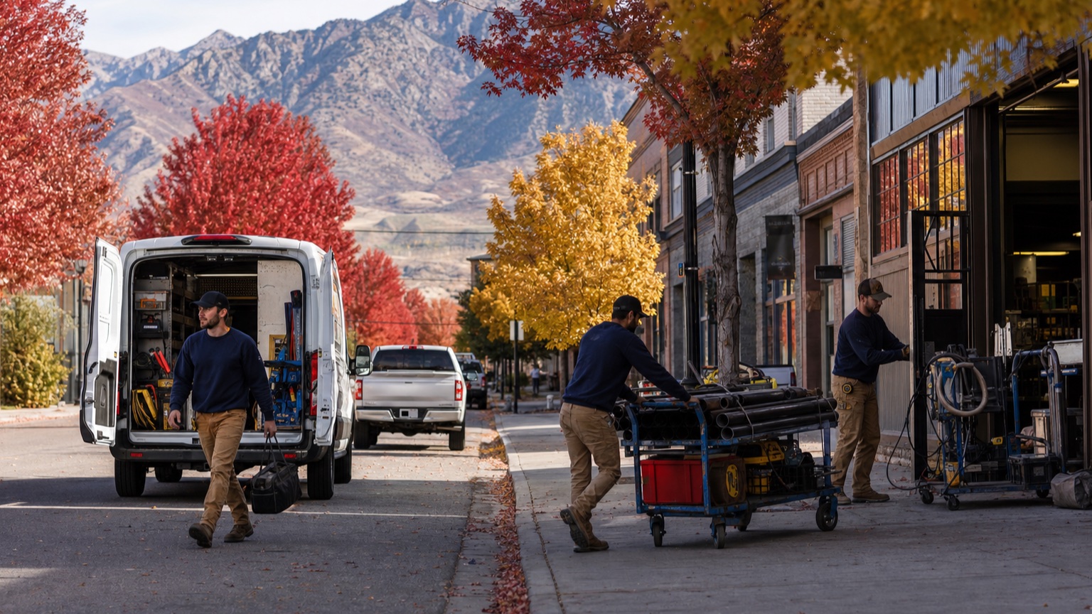 A Utah field-service team working beside autumn-colored trees