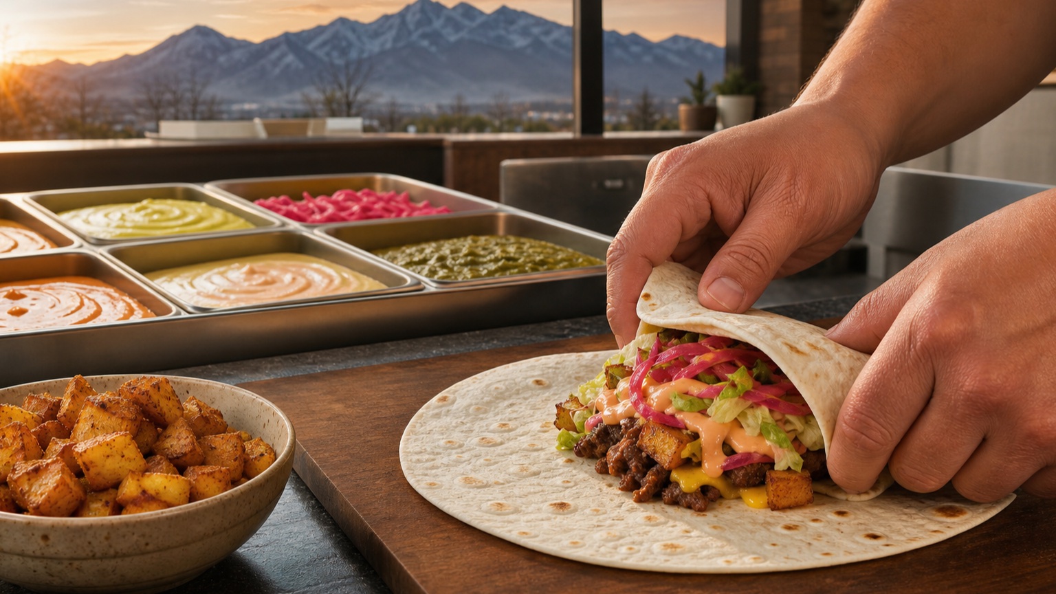 A cook rolling a fresh tortilla around a burger-inspired filling beside several colorful house sauces in a warmly lit Utah restaurant.