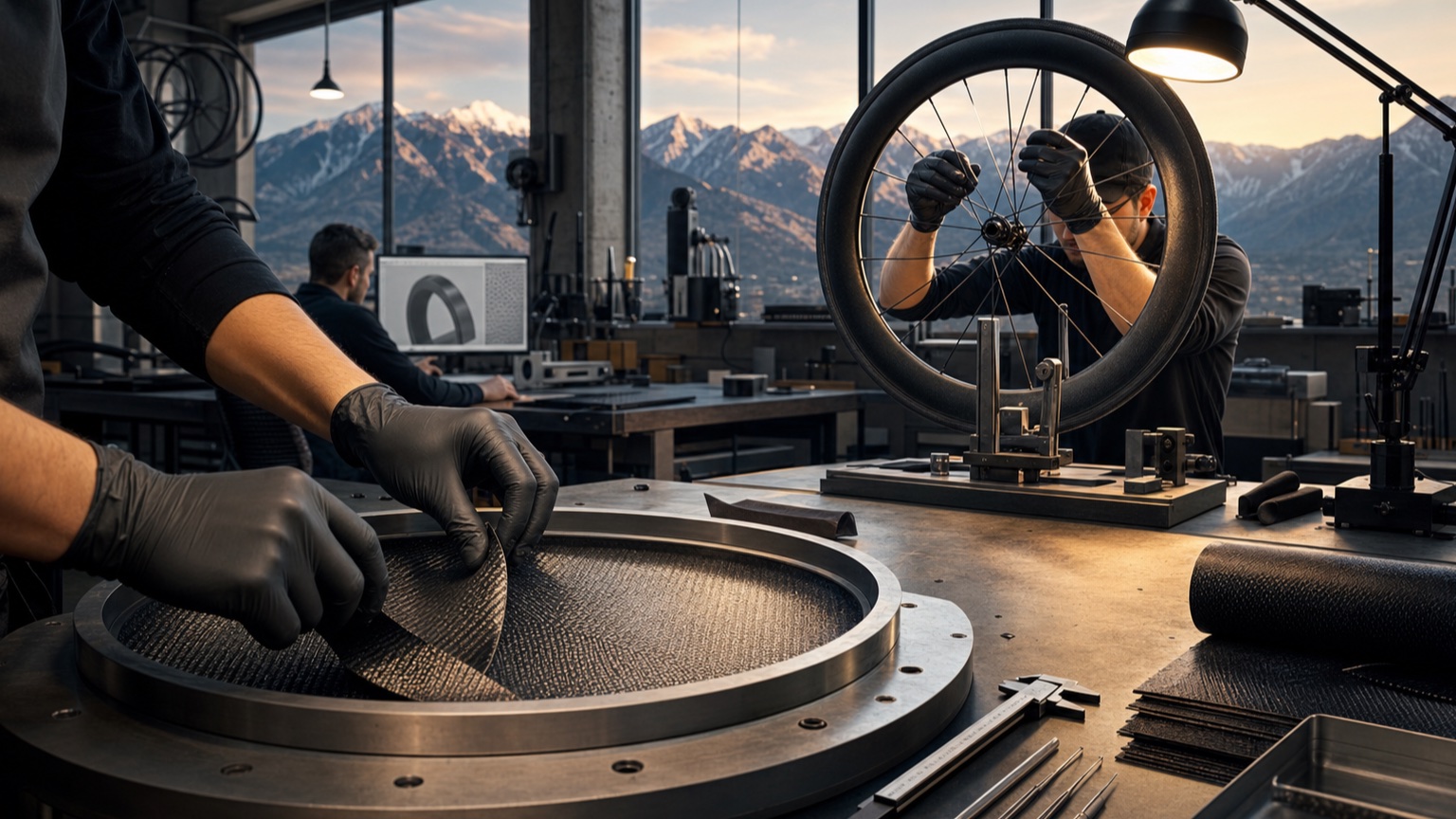 A craftsperson lays carbon fiber into a bicycle-wheel mold in a clean Utah workshop while an unbranded wheel is inspected nearby.