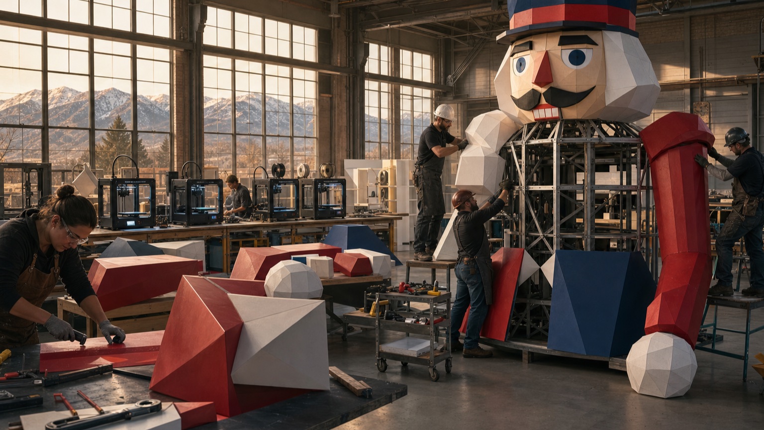 An original editorial illustration of craftspeople assembling enormous modular sculpture pieces around a steel frame inside an Ogden fabrication workshop.
