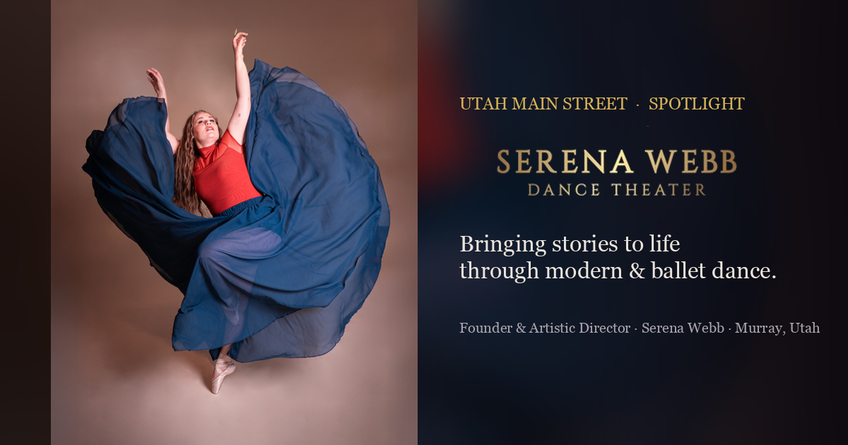 Serena Webb Dance Theater — a dancer mid-leap in a flowing skirt, beside the company wordmark